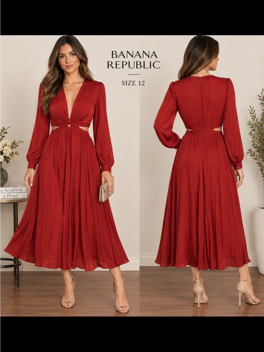 Banana Republic Deep Red Long-Sleeve Cutout Midi Dress